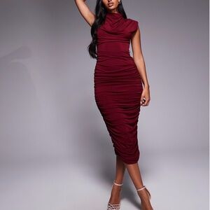 TFNC London high neck padded shoulder midi dress in cherry US Size 12 NWT